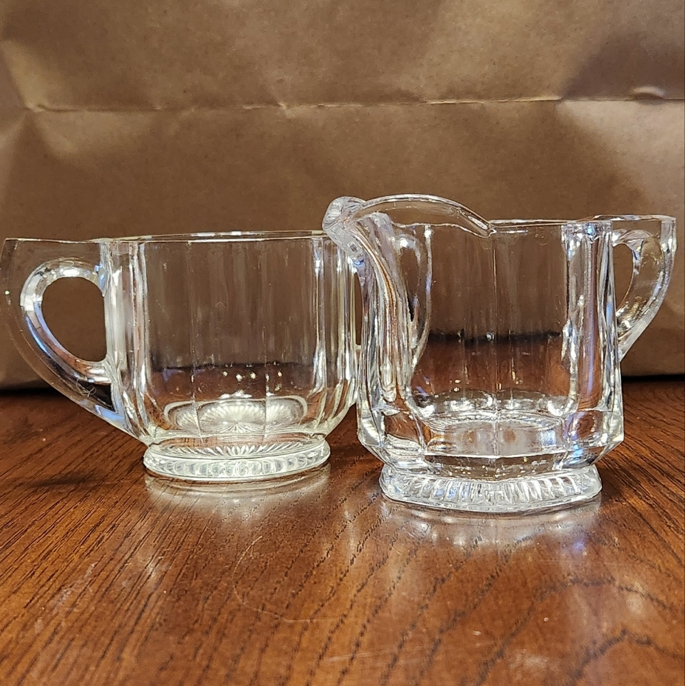 Vintage Glass Creamer and Sugar Bowl with Starburst Design on Bottom
